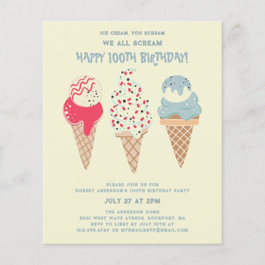 Budget Ice Cream Cone 100e Verjaardag uitnodiging (Voorkant)