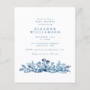 Budget Indigo Blue Ink Floral Baby shower Uitnodig