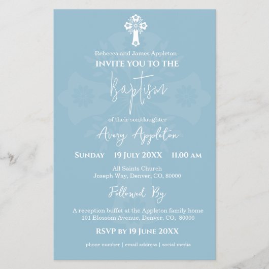 Budget Invitation Floral Cross Baptism Sky Blue Flyer (Voorkant)