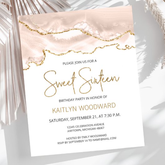 Budget Ivory Gold Agate Sweet 16 Uitnodiging
