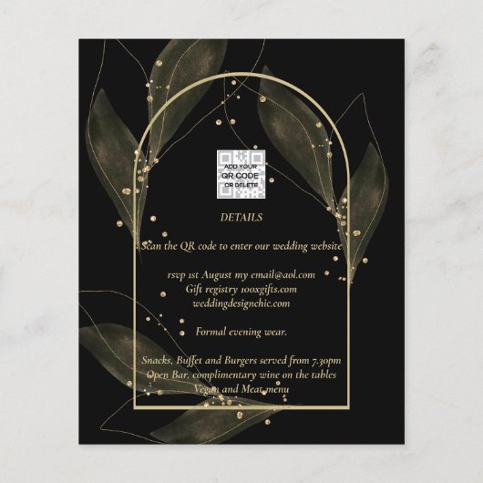 BUDGET Jet Black Gold Feuilles mariage INVITE (Dos)