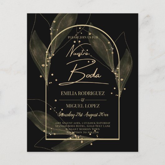 BUDGET Jet Black Gold Feuilles mariage INVITE (Devant)