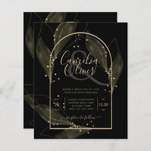 BUDGET Jet Black Gold Feuilles mariage INVITE (Devant / Derrière)