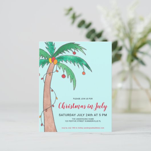 Budget Kerst In Juli Feest Palm Uitnodiging (Staand voorkant)
