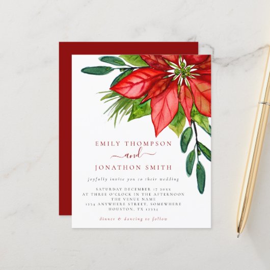 Budget kerstbruiloft Poinsettia Wedding Invite (Voorkant / Achterkant in situ)