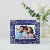 Budget kerstfoto blauw glitterstof zilver (Staand voorkant)