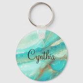 Budget Kopen, Turquoise Marmer Gouden Print Sleutelhanger (Voorkant)