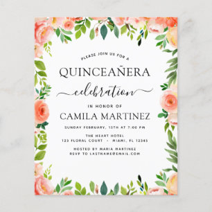 Budget Koraal Roze Bloem Quinceañera Uitnodiging Flyer