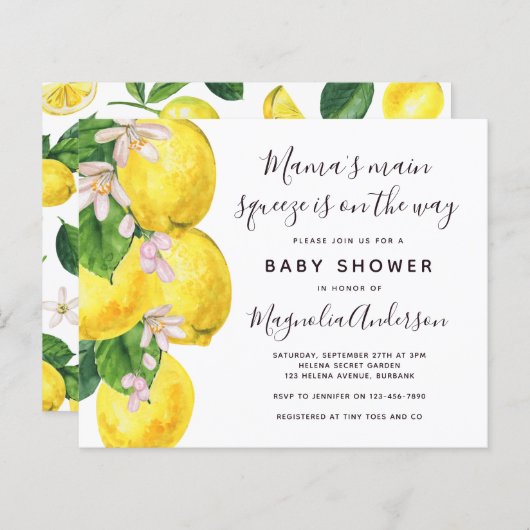Budget Lemon Main Squeeze Baby shower Invitation (Voorkant / Achterkant)