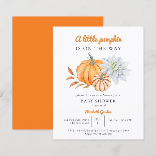 Budget Little Pumpkin Baby shower Elegant Simple (Voorkant / Achterkant)