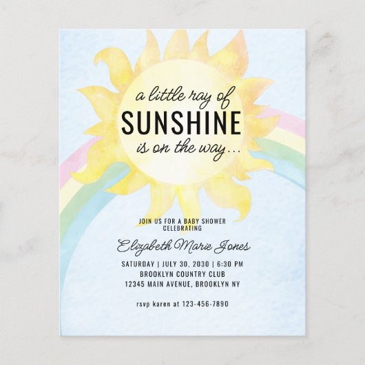 Budget Little Ray of Sunshine Baby shower Invite (Voorkant)