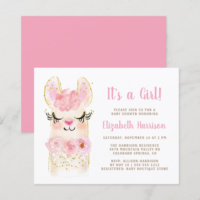 Budget Llama Pink Baby Girl Uitnodiging (Voorkant / Achterkant)