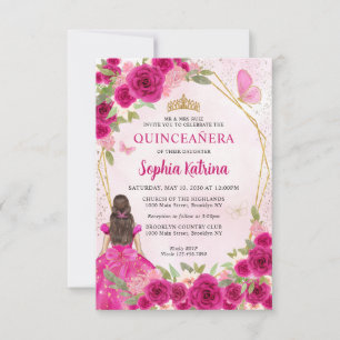 Budget Magenta Gold Floral Princess Quinceañera Notitiekaartje