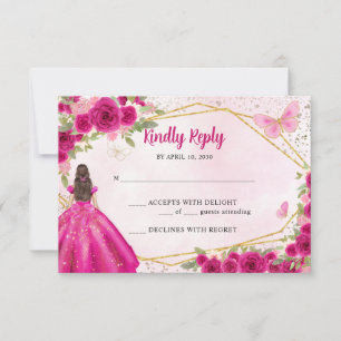 Budget Magenta Hot Pink Gold Floral Princess RSVP Notitiekaartje