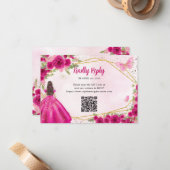 Budget Magenta Roze Goud Bloemen Prinses QR RSVP Notitiekaartje (Voorkant / Achterkant in situ)