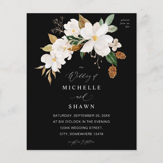 Budget Magnolia White Floral Wedding - Black Flyer (Voorkant)