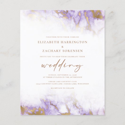 Budget Marble Lavender Gold Wedding Uitnodiging (Voorkant)
