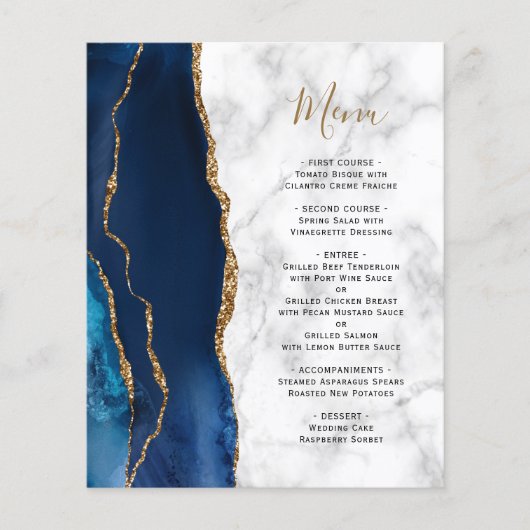 Budget Marine Blue Gold Agate Marbre Mariage Menu (Devant)