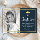 Budget Marine Blue Gold Baptême Merci Cartes<br><div class="desc">Budget, élégant baptême bleu marine et le baptême vous remercient cartes. Envoyez des remerciements à votre famille et à vos amis avec cette carte à plat moderne et personnalisée. Il comporte un script "Merci" écrit à la main, autour d'un cadre double fausse feuille d'or sur arrière - plan de marine....</div>