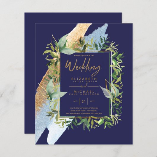 BUDGET marine Blue Gold Greenery Wedding Invites (Voorkant / Achterkant)
