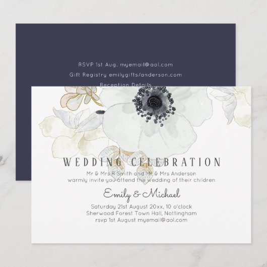BUDGET Marine White Gold Floral Wedding Invitation (Devant / Derrière)