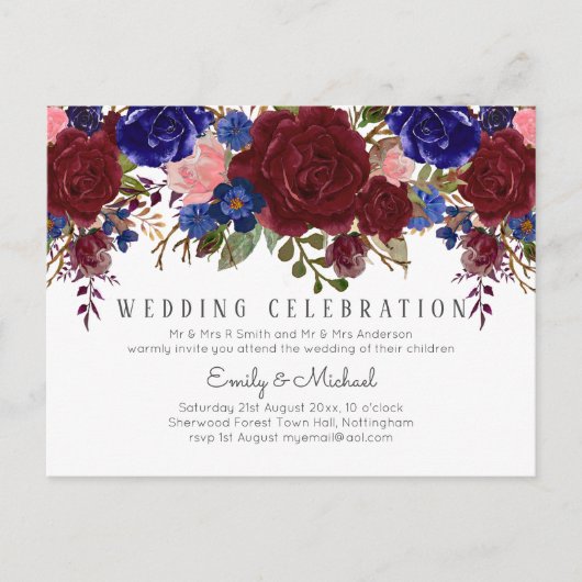 BUDGET Marsala Blue Pink Floral Weddenschap Briefkaart (Voorkant)