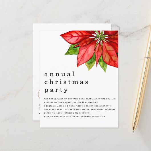 Budget Medewerker Kerstparty Poinsettia Invite (Voorkant / Achterkant in situ)