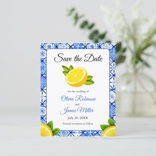Budget Mediterraanse citroen bruiloft Save the Dat (Staand voorkant)