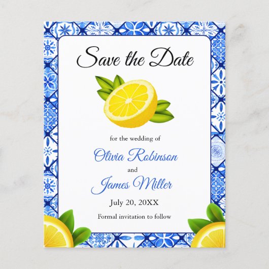 Budget Mediterraanse citroen bruiloft Save the Dat (Voorkant)