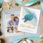 Budget Mele Kalikimaka Carte photo de plage de la<br><div class="desc">Économisez de l'argent avec ces cartes de Noël à thème côtier budget, sur un papier moins cher et légèrement plus petite taille. Le design tropical de la plage comprend une tortue de mer bleu turquoise d'aquarelle sur un arrière - plan de plage abstrait avec une fausse parties scintillant dorée vague...</div>