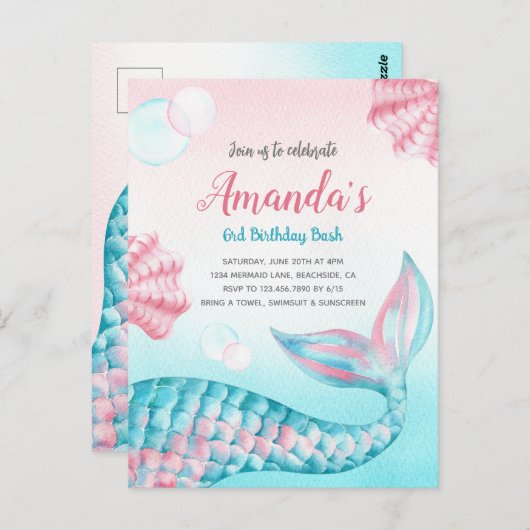 Budget Mermaid aquarelle Anniversaire Invitation (Devant / Derrière)
