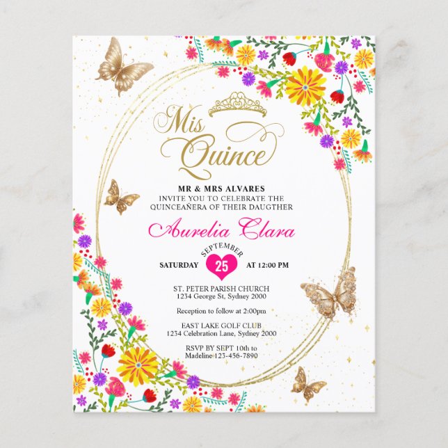 BUDGET Mexicaanse Floral Goud Vlinder Quinceañera (Voorkant)