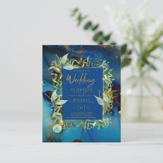 BUDGET Midnight Blue Gold Greenery Wedding Invites (Staand voorkant)