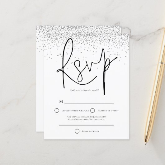 Budget Minimale Silver Glitter Wedding RSVP (Voorkant / Achterkant in situ)