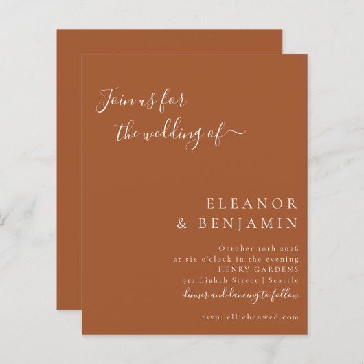 Budget Minimalistische Script Terracotta bruiloft (Voorkant / Achterkant)