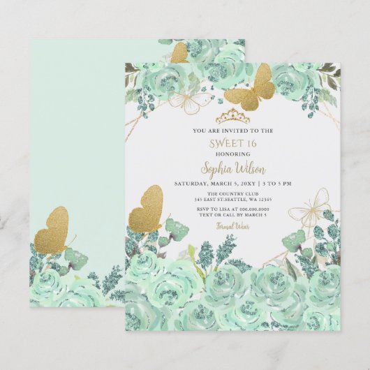 Budget Mint Goud Bloemen Vlinder Zoet 16 Invite (Voorkant / Achterkant)