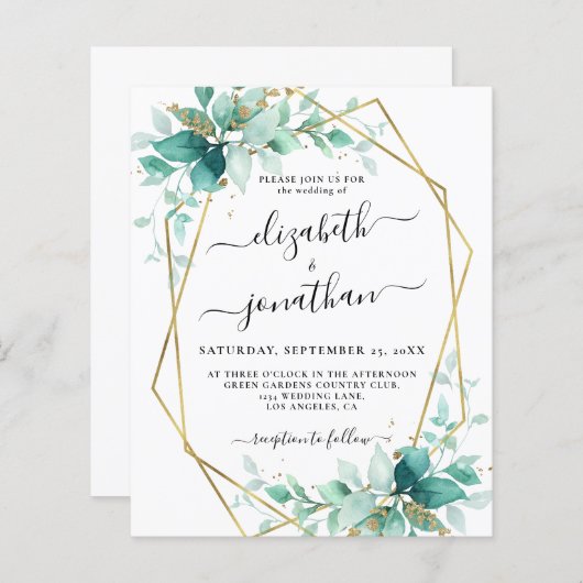 Budget Mint Groen Goud Groen Bruiloft Uitnodiging (Voorkant / Achterkant)