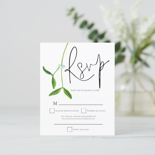 Budget Mistletoe Script kerstbruiloft RSVP (Staand voorkant)