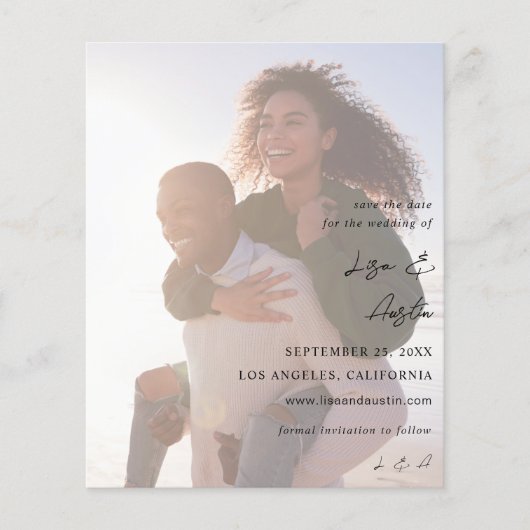 Budget MOD Calligrafie met Duo Photo Save the Date (Voorkant)