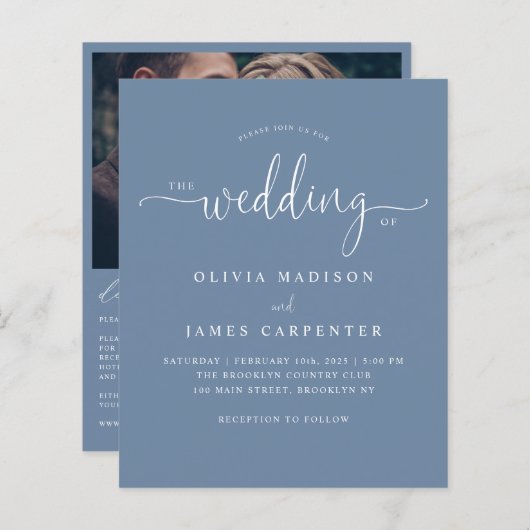 Budget Modern Boho Dusty Blue Foto Bruiloft Uitnod (Voorkant / Achterkant)