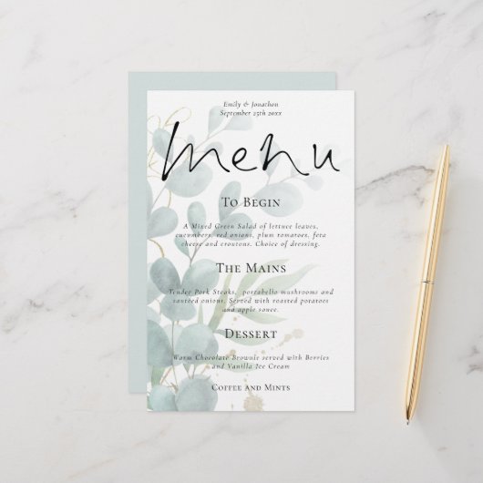 Budget modern Eucalyptus Script Wedding Menu (Voorkant / Achterkant in situ)