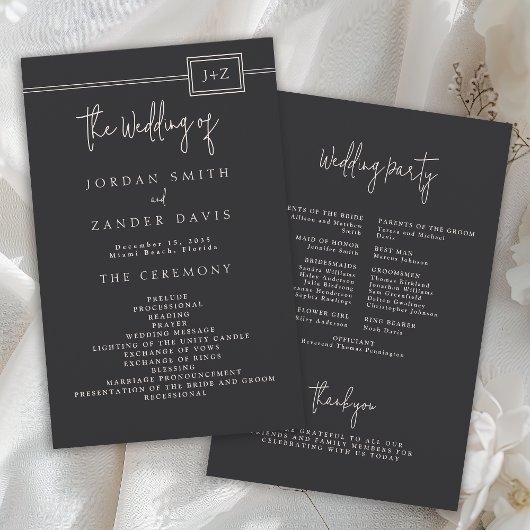 Budget Modern Flat Black Monogram Trouwprogramma Flyer
