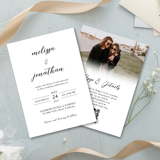 Budget Modern Fotoscript Rsvp QR code Bruiloft Kaart