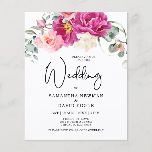 Budget Modern Fuchsia Roze Bloemen QR Code Huwelij (Voorkant)