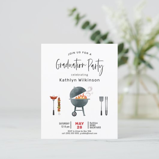 BUDGET Modern Fun Script Afstuderen BBQ Uitnodigin (Staand voorkant)