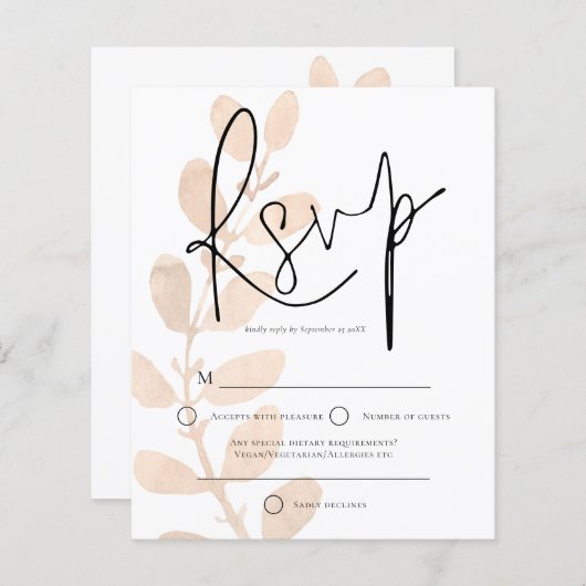 Budget Modern Leaves Script Wedding RSVP (Voorkant / Achterkant)