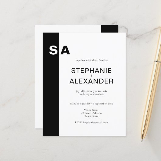 Budget Modern Monogram Black White Wedding Invite (Voorkant / Achterkant in situ)