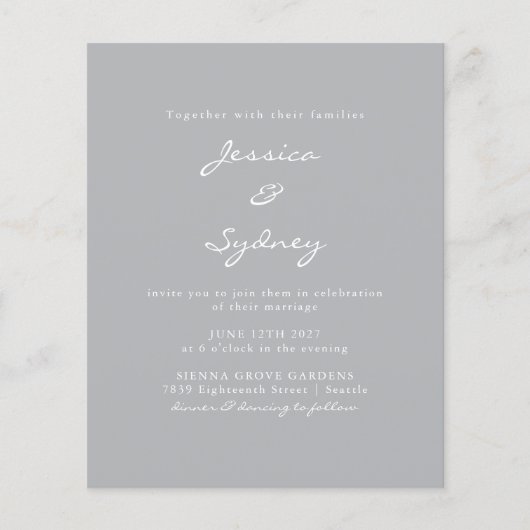 Budget Modern Pewter Script Weduwen Uitnodiging (Voorkant)