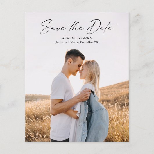 Budget Modern Script Foto Huwelijk Save The Date (Voorkant)