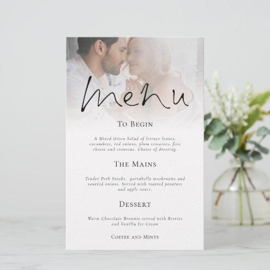 Budget Modern Script Photo Wedding Menu (Staand voorkant)
